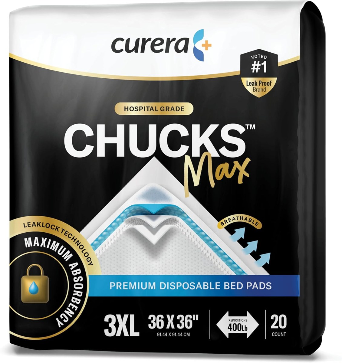 Curera Chucks MAX Hospital Bed Pads 36x36, 20-Count