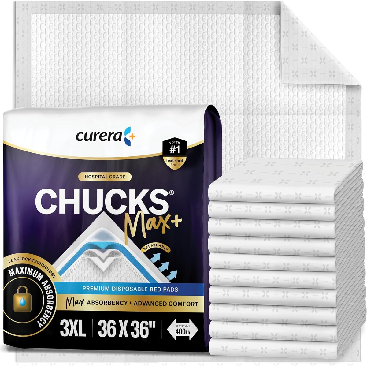 Curera Chucks MAX+ Hospital Bed Pads 36x36, 10-Pack