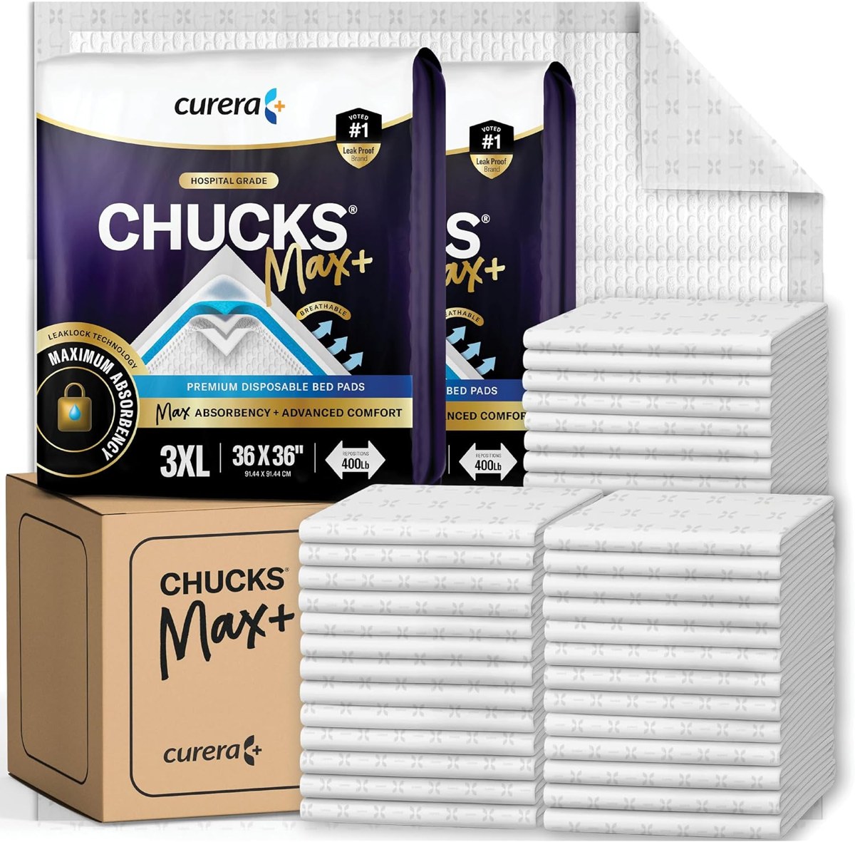 Curera Chucks MAX+ Hospital Bed Pads 36x36, 40-Count Case