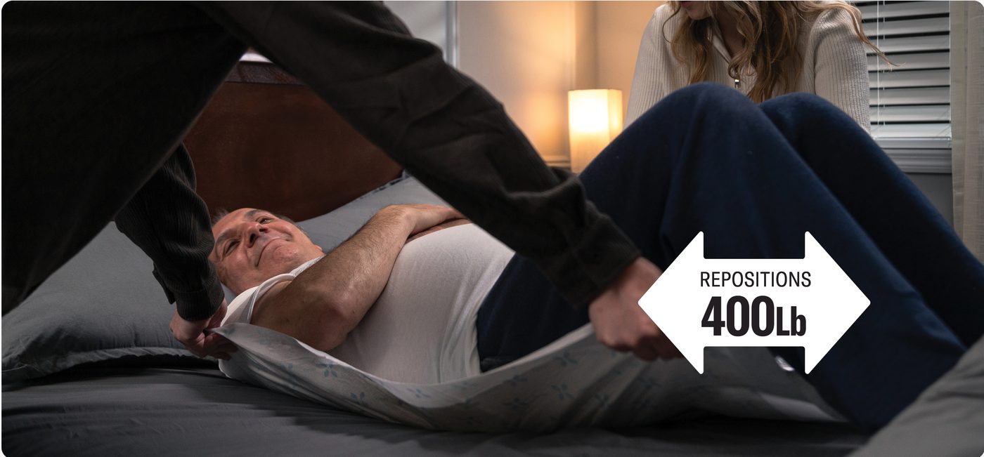 Two caregivers repositioning a man on a Chucks MAX bed pad
