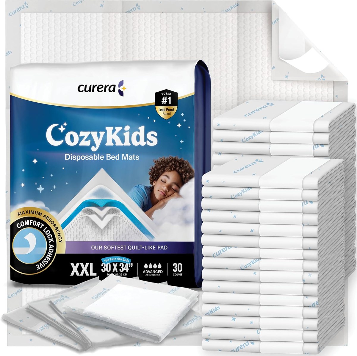 Curera CozyKids Disposable Bedwetting Bed Pads 30x34, 30-Pack, view 2