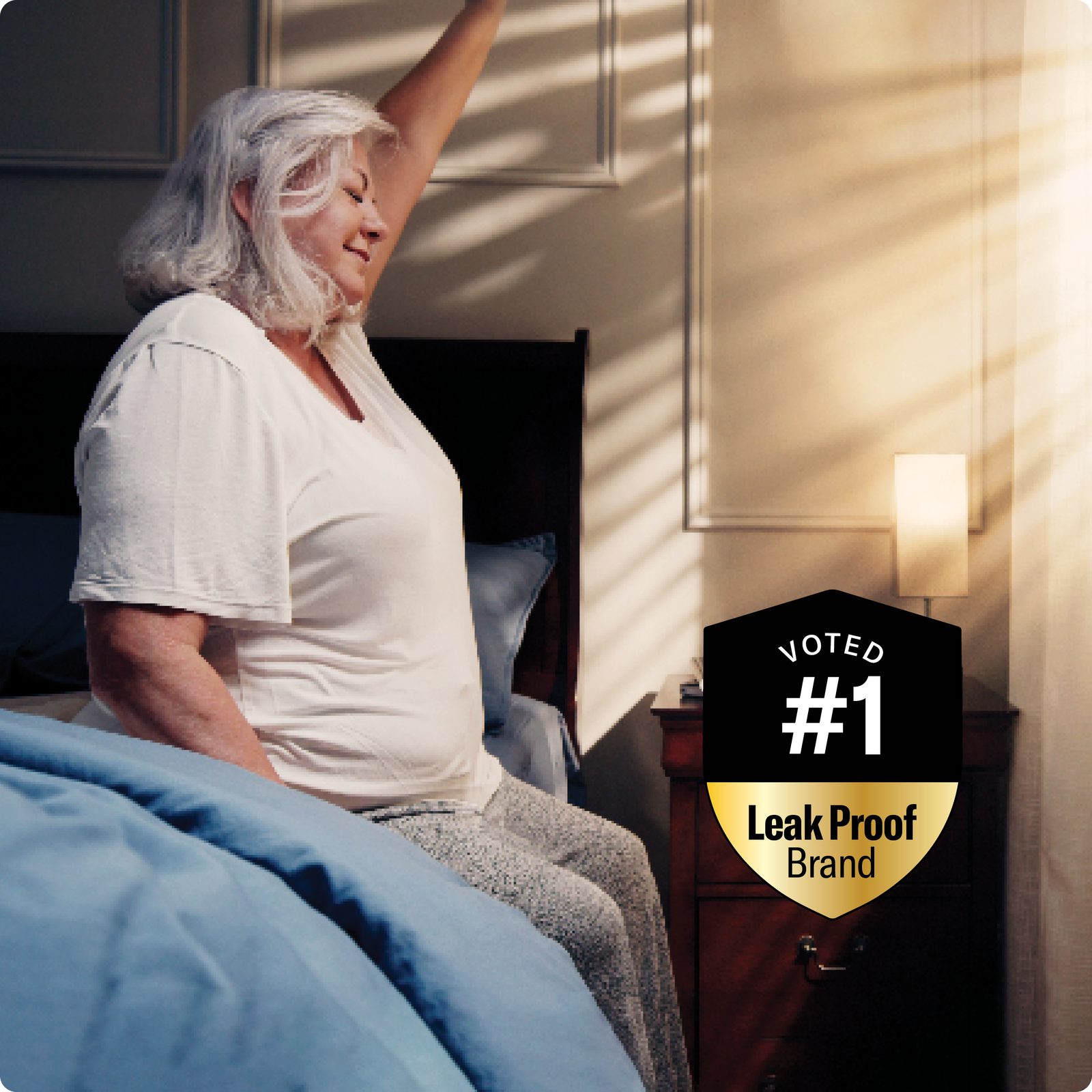 A woman waking up rested and dry in the morning